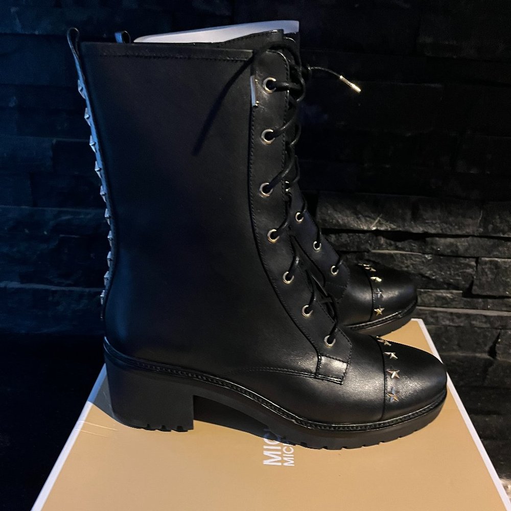 New Michael Kors Cody Lace Up Boots Metallic Stars Stud Side Zip Size 11